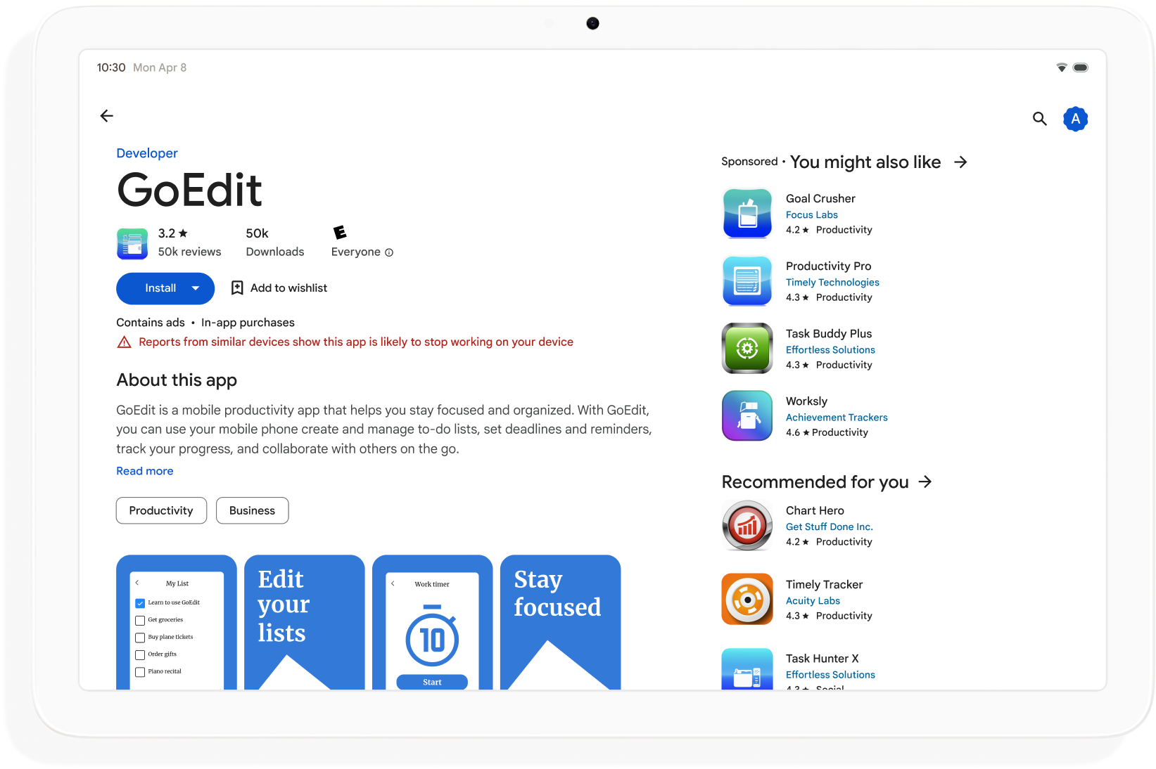 Página &quot;Detalhes do app&quot; na Google Play Store com um aviso de que o app &quot;pode não estar otimizado para seu dispositivo&quot;.