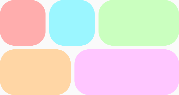 Two rows of colored items, with three unequally sized items distributed across the top row and two unequally sized items across the bottom row.