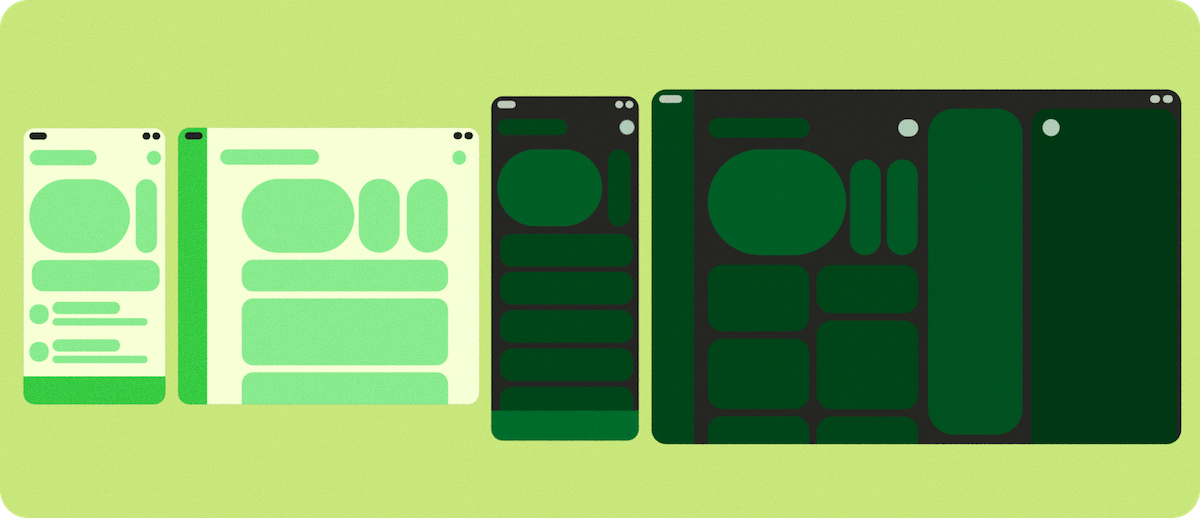 Ein faltbares Smartphone im Querformat in geschlossenem und vollständig geöffnetem Zustand neben einem faltbaren Smartphone mit drei Displays in geschlossenem und vollständig geöffnetem Zustand.