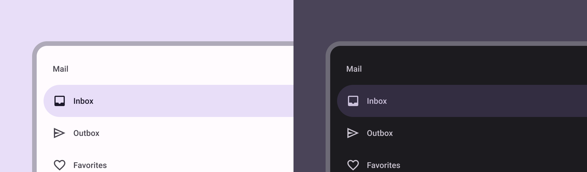 Ejemplo de un panel lateral de navegación de Material Design 3 en modo claro y oscuro.