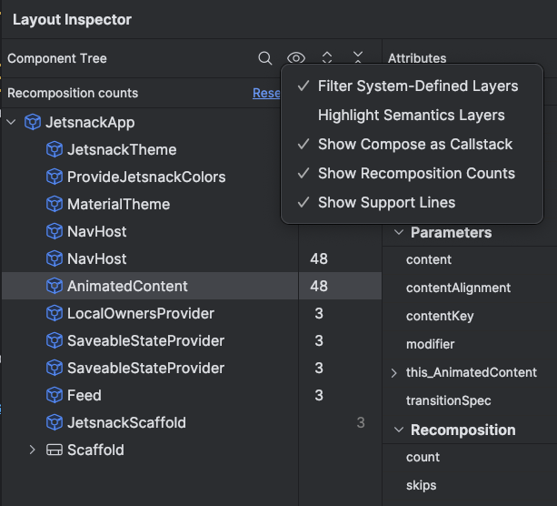 Ativar o contador do Layout Inspector para elementos ignorados ou
recompostos