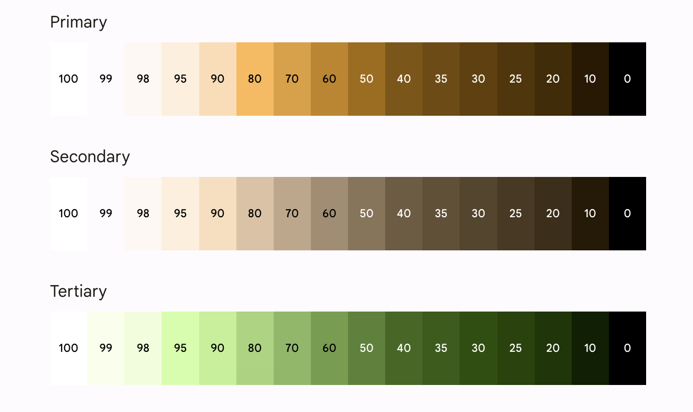 App di esempio di Reply: palette di tonalità principali, secondarie e terziarie (dall&#39;alto verso il basso)