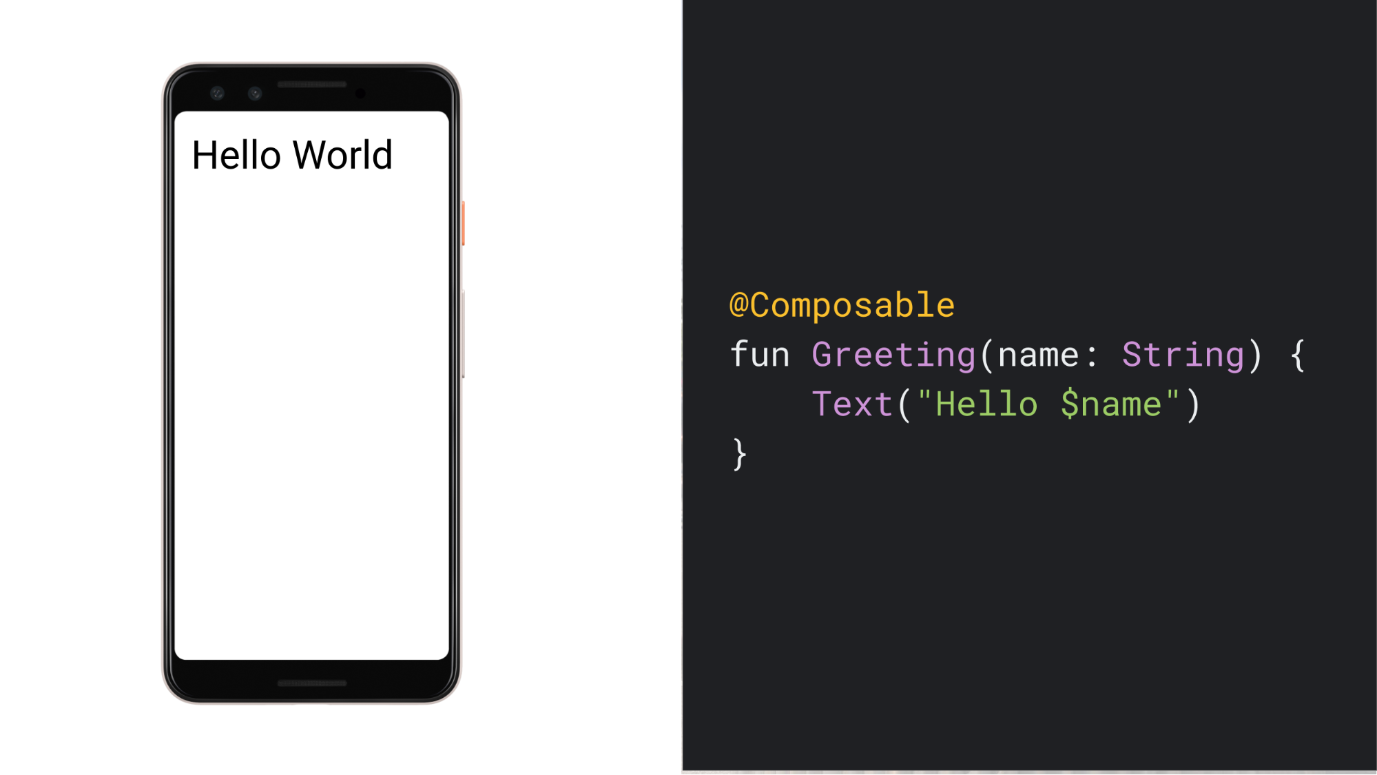 Zrzut ekranu telefonu z tekstem „Hello World” i kodem prostej funkcji Composable, która generuje interfejs użytkownika