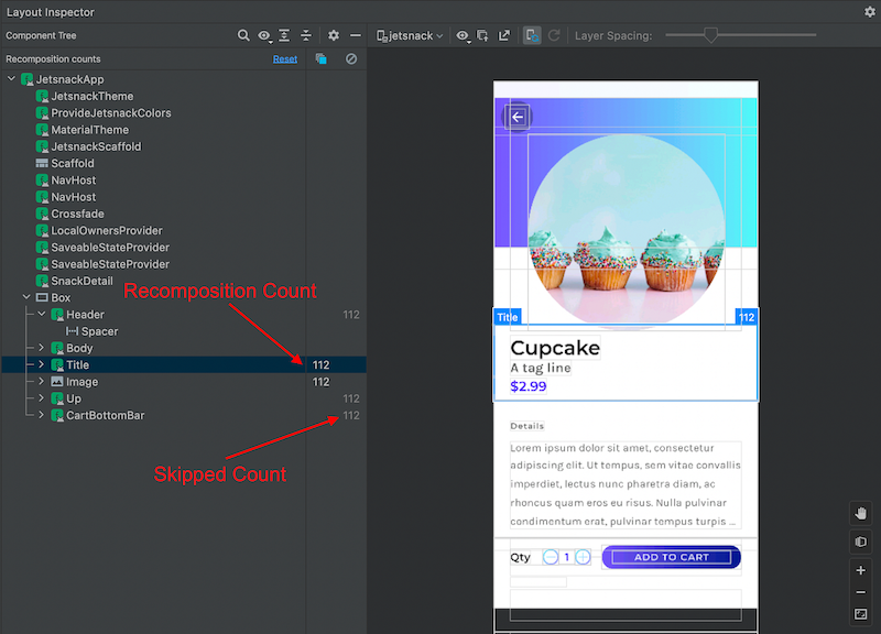 Layout Inspector での再コンポーズとスキップの回数