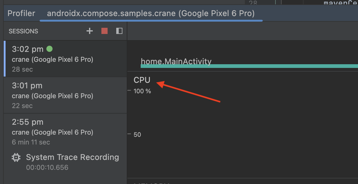 Android Studio Profiler - Sequenza temporale della CPU