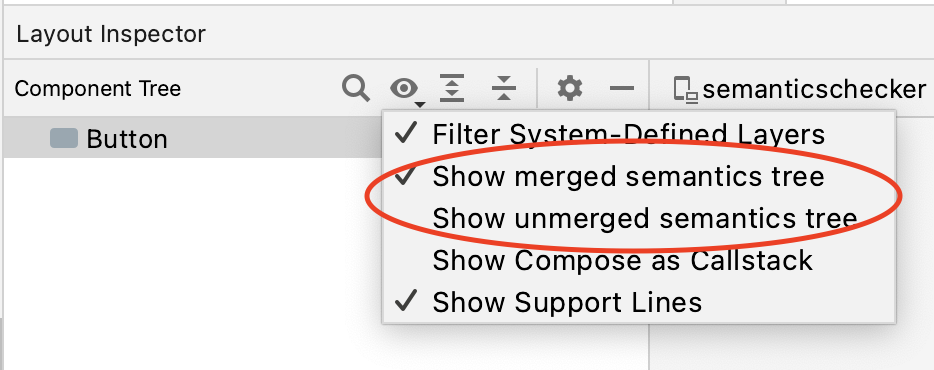 マージされたセマンティクス ツリーとマージされていないセマンティクス ツリーの両方を表示できる Layout Inspector の表示オプション