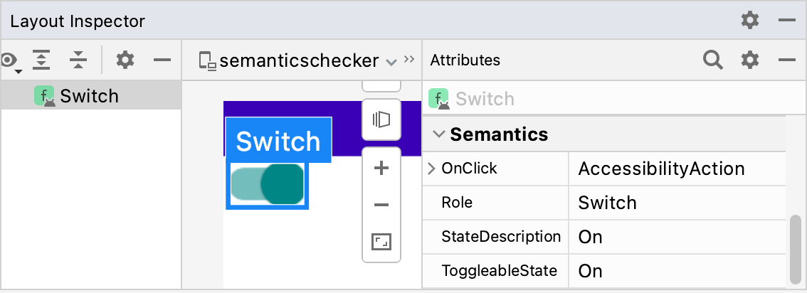 Layout Inspector showing the Semantics properties of a Switch composable