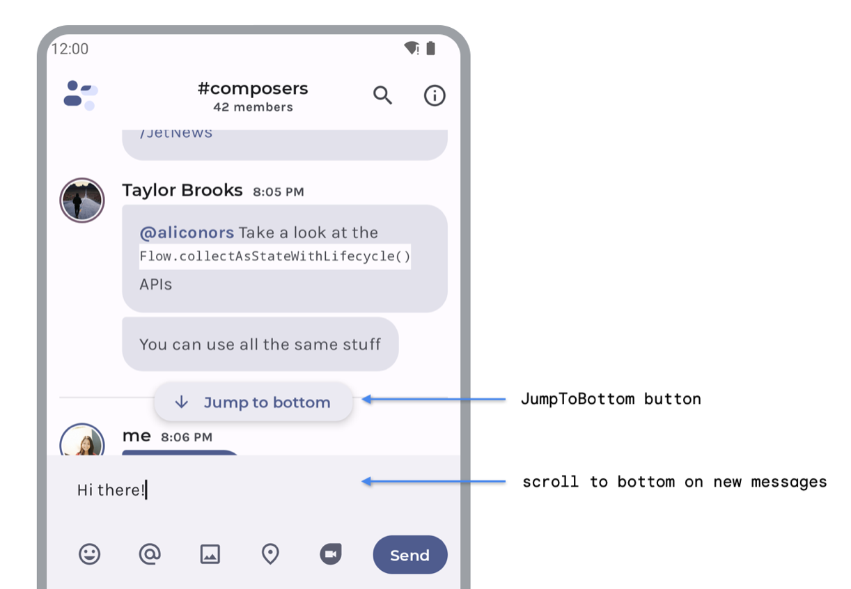 App di chat con un pulsante Vai in basso e scorrimento verso il basso sui nuovi messaggi