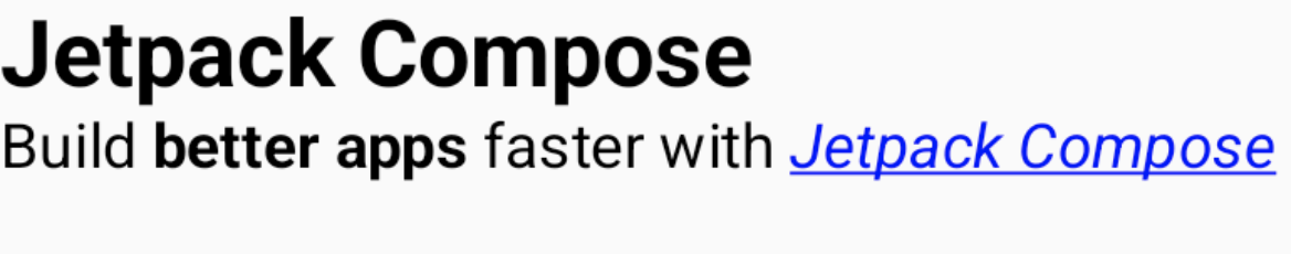 บรรทัดแรก H1 &quot;Jetpack Compose&quot; ตามด้วย &quot;สร้างแอปที่ดีขึ้นด้วย Jetpack Compose&quot; โดยที่ Jetpack Compose เป็นลิงก์ที่คลิกได้และมีสไตล์เป็นสีน้ำเงิน ขีดล่าง และตัวเอียง