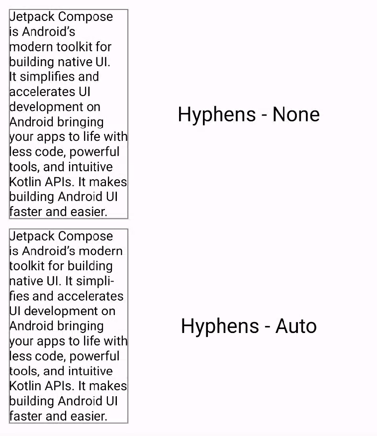 A paragraph without hyphenation enabled and a paragraph with hyphenation enabled.
  When hyphenation is enabled, a word is hyphenated and split across two lines.