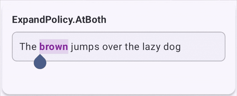 Animation showing text typed at either the start or end of an ExpandPolicy.AtBoth range inheriting the style.
