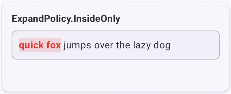 Animation showing text typed at the start or end of an ExpandPolicy.InsideOnly range remaining unstyled.