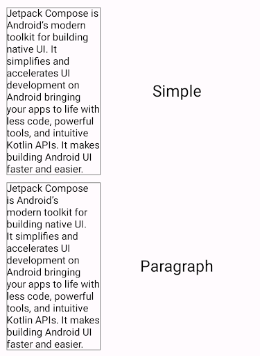 Um bloco de texto que mostra uma estratégia simples de quebra de linha em comparação com um bloco
  de texto com uma estratégia de quebra otimizada para parágrafos. O bloco de texto com a estratégia simples
de quebra de linha tem mais variabilidade nos comprimentos de linha.