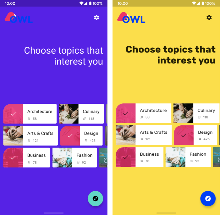ภาพหน้าจอ 2 ภาพที่แตกต่างกัน ภาพแรกใช้การจัดรูปแบบ MaterialTheme เริ่มต้น ส่วนภาพหน้าจอที่ 2 ใช้การจัดรูปแบบที่แก้ไขแล้ว