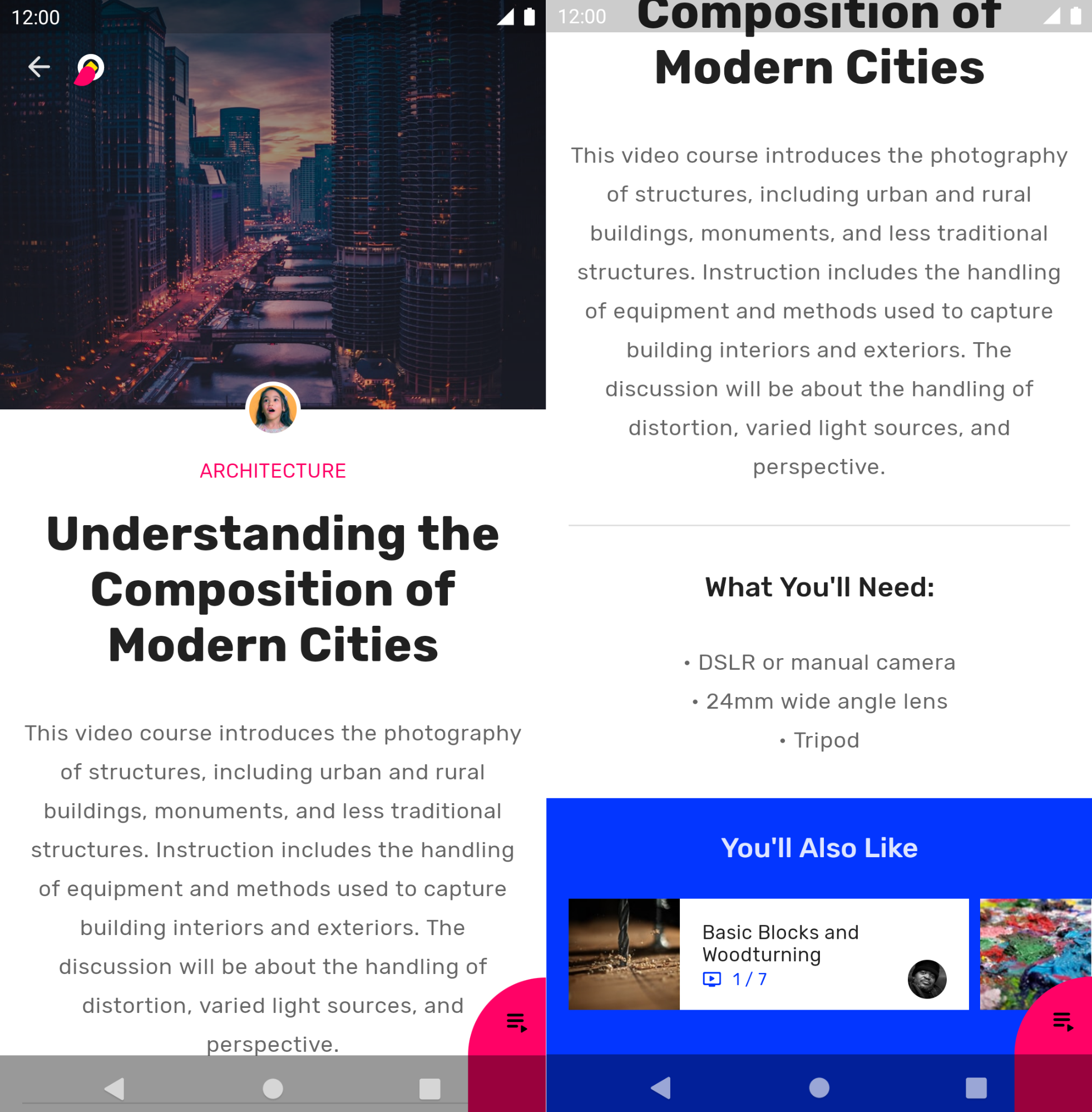 ภาพหน้าจอของแอปที่แสดงธีมที่ซ้อนกัน โดยมีธีมสีชมพูสำหรับหน้าจอหลักและธีมสีน้ำเงินสำหรับส่วนที่เกี่ยวข้อง