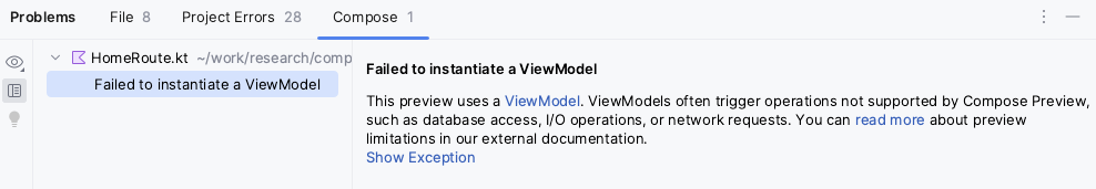 Panel masalah Android Studio dengan pesan Gagal membuat instance `ViewModel`
