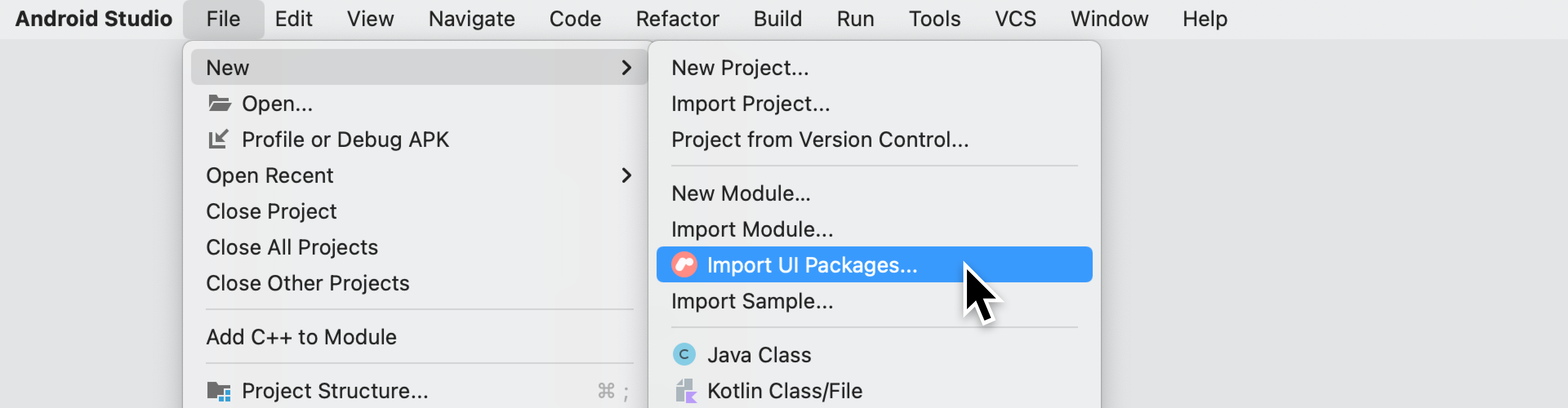 Option &quot;Importer des packages UI&quot; dans le menu &quot;Fichier&quot;