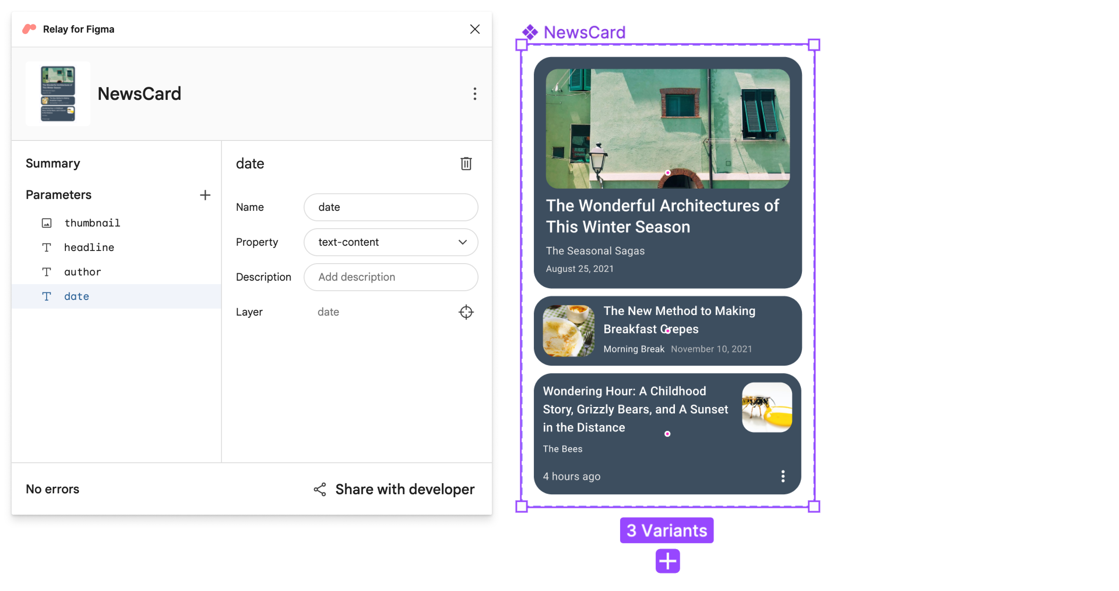 Plug-in Figma avec les paramètres &quot;titre&quot;, &quot;auteur&quot; et &quot;date&quot;