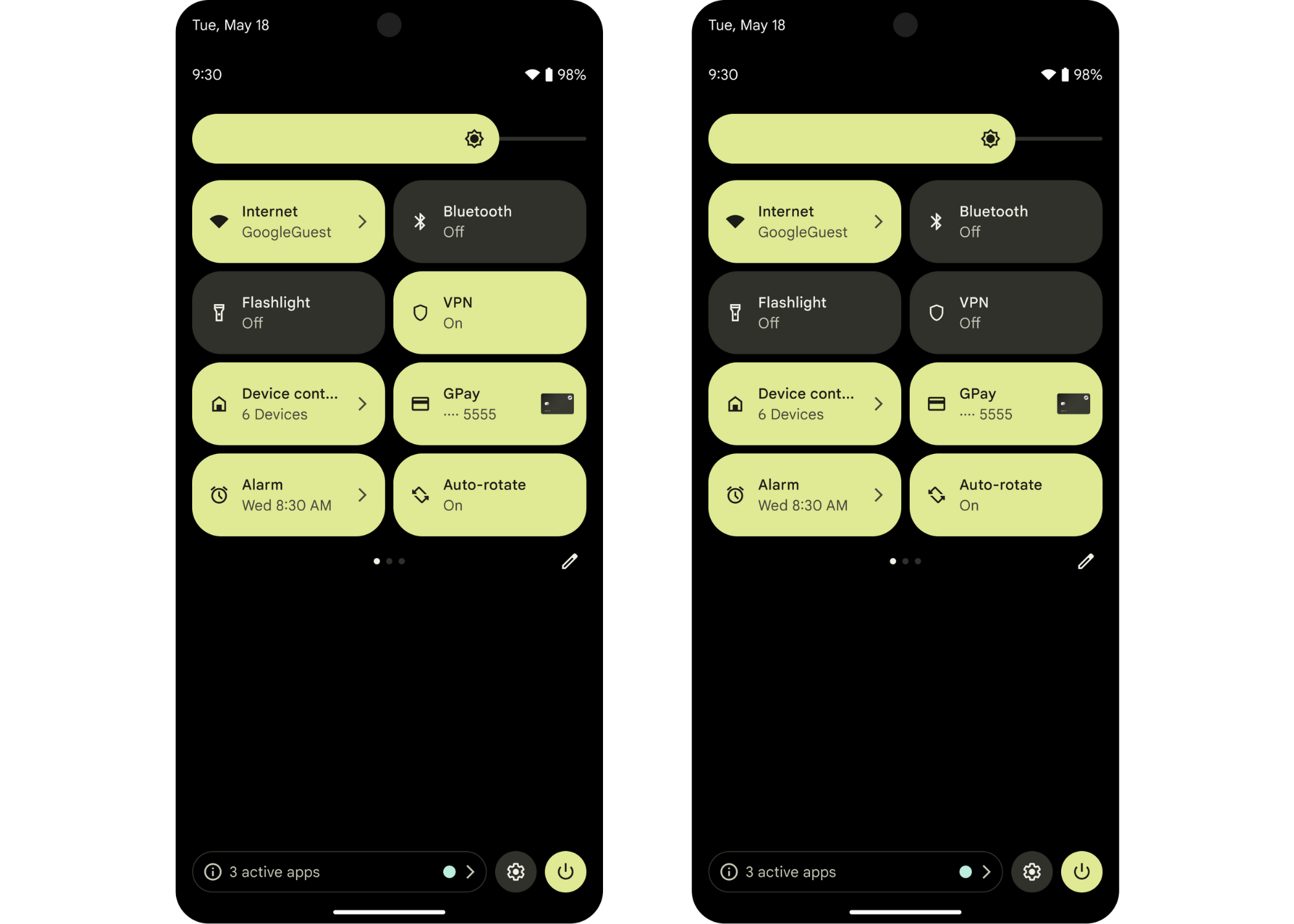 Quick Settings panel with the VPN tile turned
  on and off