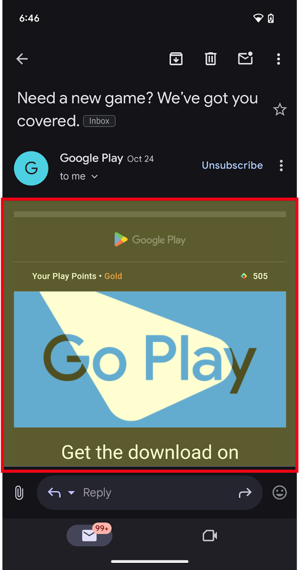 Google Play पर खुला Android ऐप्लिकेशन, जिसमें मुख्य वेब व्यू को लाल बॉक्स में हाइलाइट किया गया है