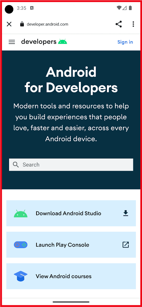 Custom tab open to Android For Developers web page, highlighted in a red box.