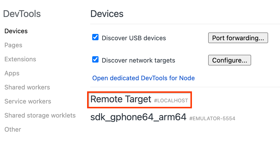 Chrome Geliştirici Araçları, hata ayıklama için kullanılabilen uzak hedefleri gösteren sayfayı inceler.