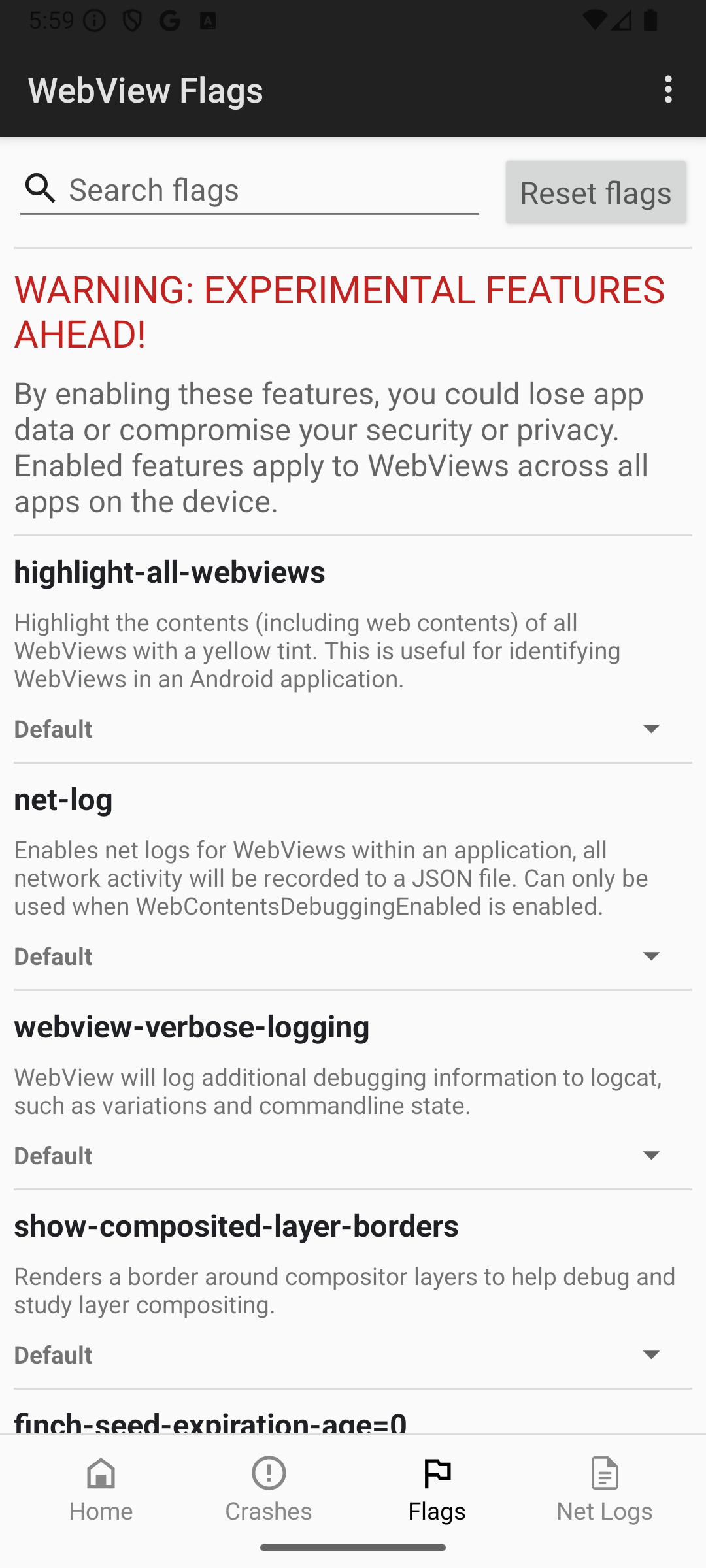 İşaretler kullanıcı arayüzünü gösteren WebView Geliştirici Araçları uygulaması.