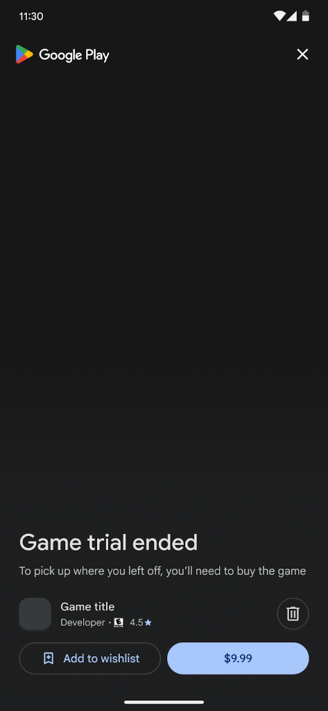 Post-trial paywall blocking gameplay and providing a Buy call to action