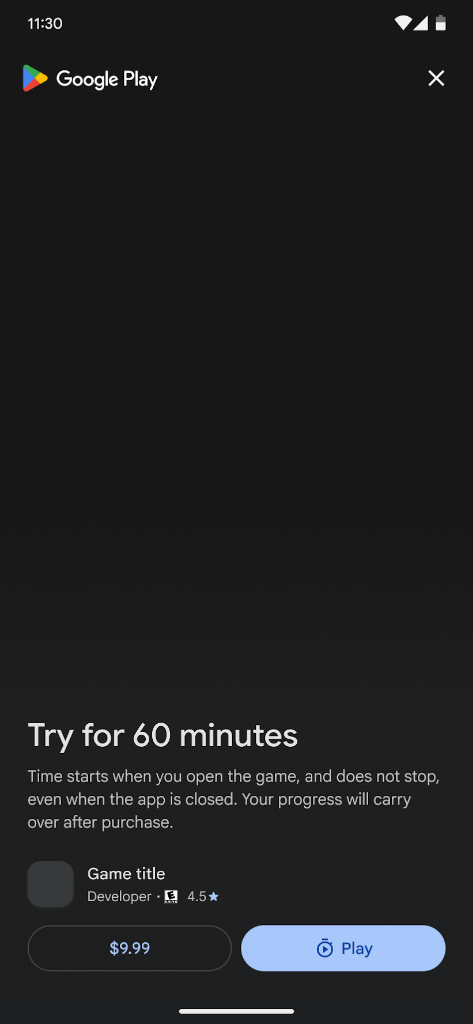 Pre-trial system splash screen showing time limit disclosure and Play button