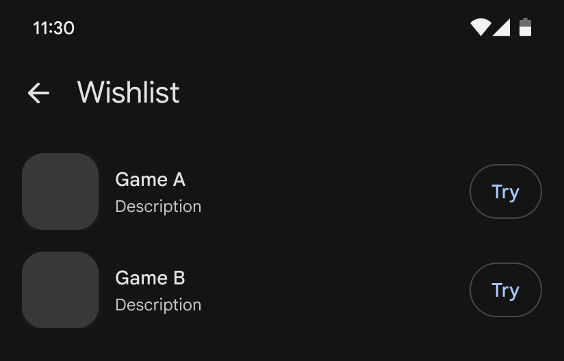 Wishlist screen showing Try button next to game titles