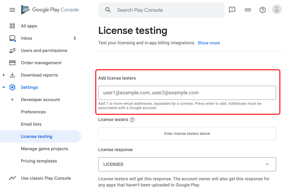 Google Play Console üzerinden bir lisans test kullanıcısı ekleyin.