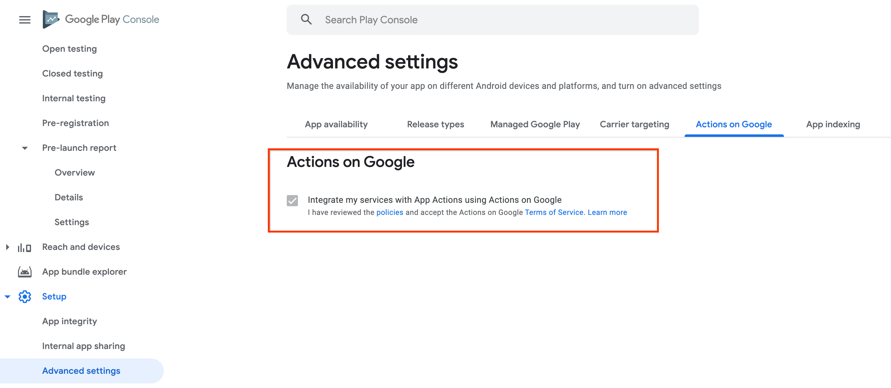 Google Play Console の App Actions 利用規約。