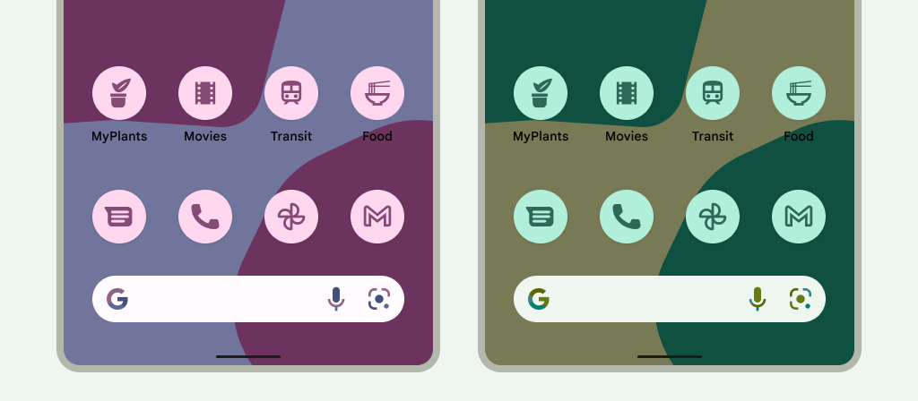 इस इमेज में तीन Android डिवाइस के उदाहरण दिखाए गए हैं. हर डिवाइस में
अलग-अलग रंग वाली उपयोगकर्ता थीम: पहला वॉलपेपर, जिसमें
गहरे रंग की टिनिंग; दूसरे पेज पर सुनहरी रंग वाली वॉलपेपर दिखती है; तीसरे पक्ष ने एक
हल्के स्लेटी और नीले रंग के वॉलपेपर वाले वॉलपेपर. प्रत्येक उदाहरण में,
आइकॉन में, वॉलपेपर की रंगत अपने हिसाब से बदली गई है और वे पूरी तरह से ब्लेंड हो गए हैं.