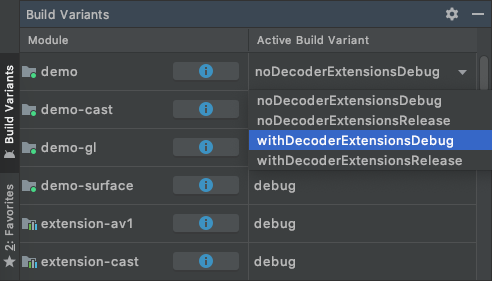 デモのビルド バリアント「withDecoderExtensionsDebug」を選択する