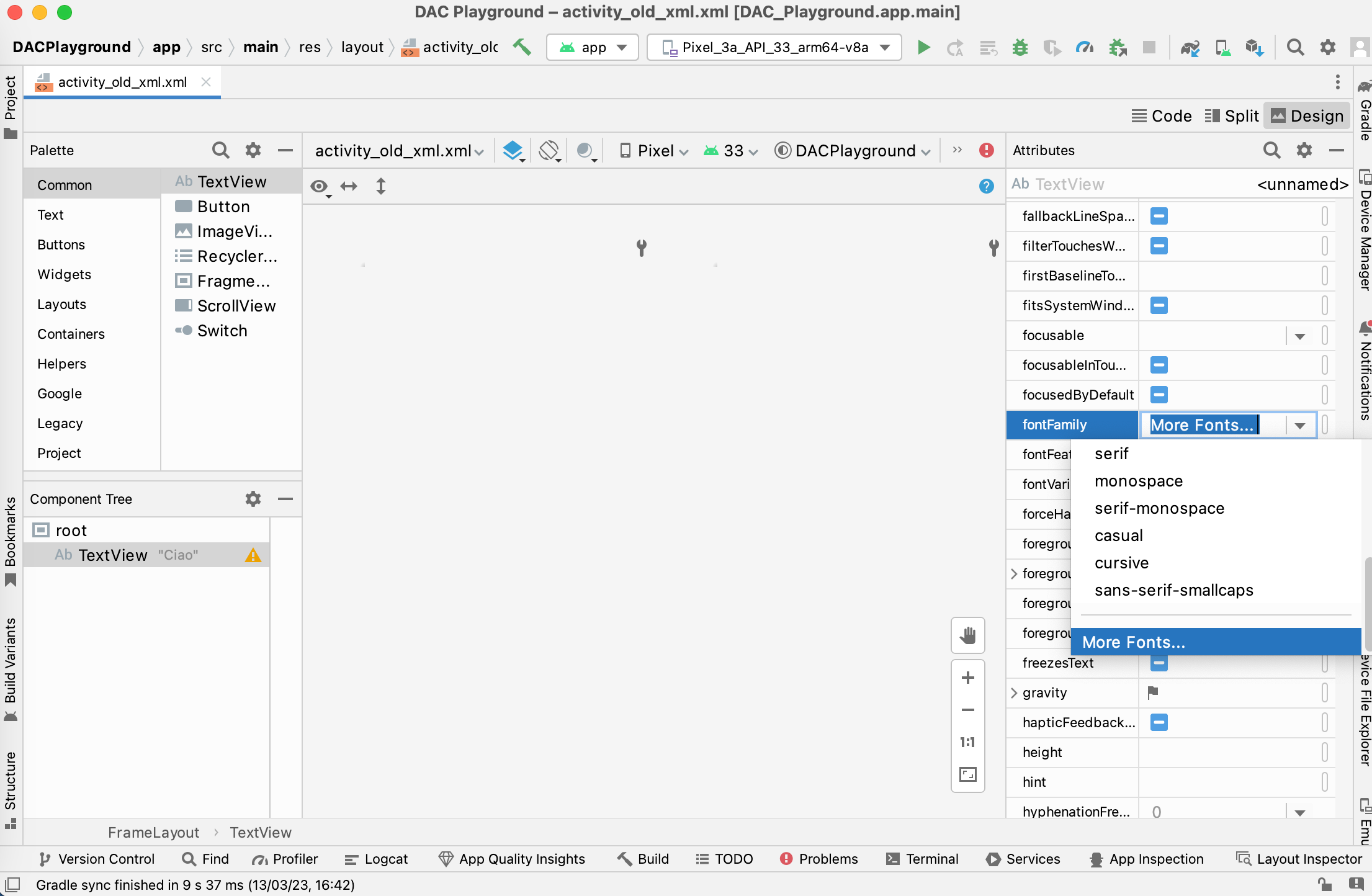 Un&#39;immagine che mostra l&#39;editor di layout di Android Studio