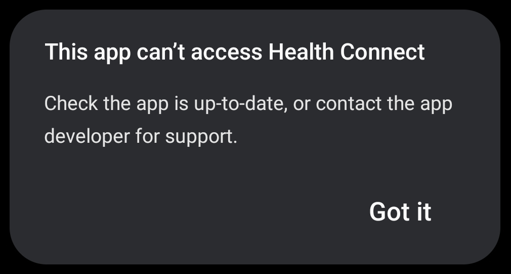 A dialog showing users that the app can't access Health Connect.
