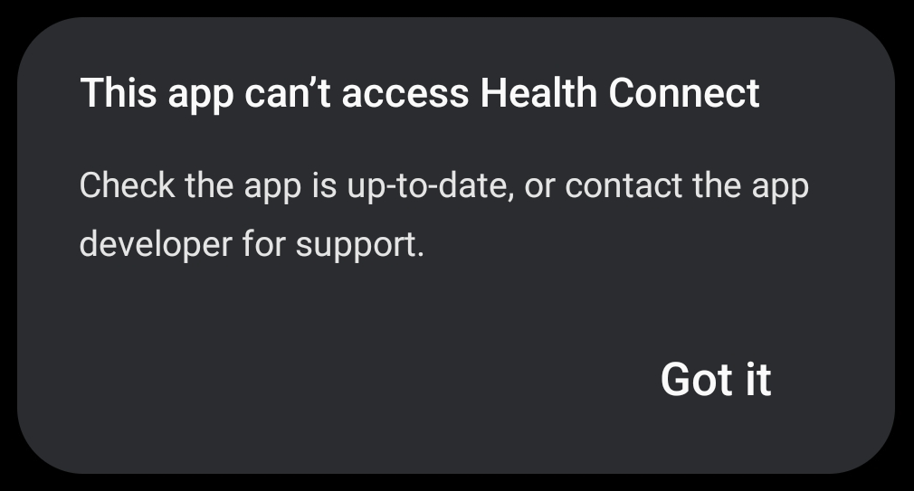 Uygulamanın Health Connect'e erişemediğini kullanıcılara gösteren bir iletişim kutusu.