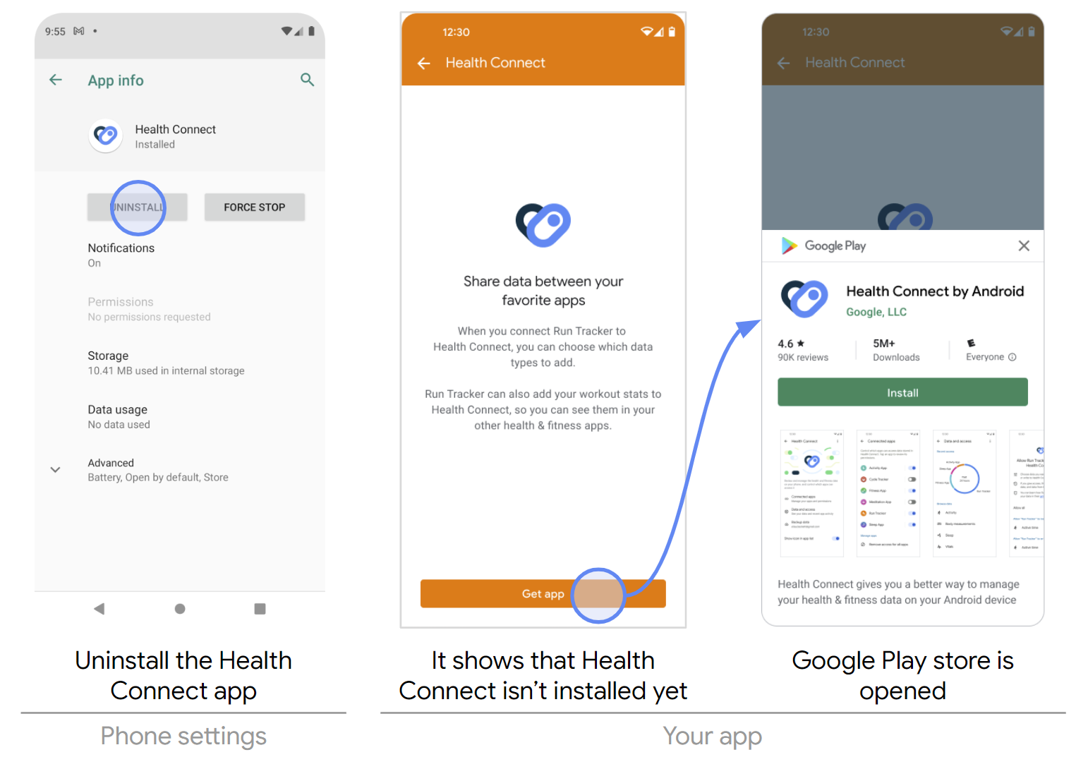 Versuch der Integration mit Health Connect bei deinstallierter App