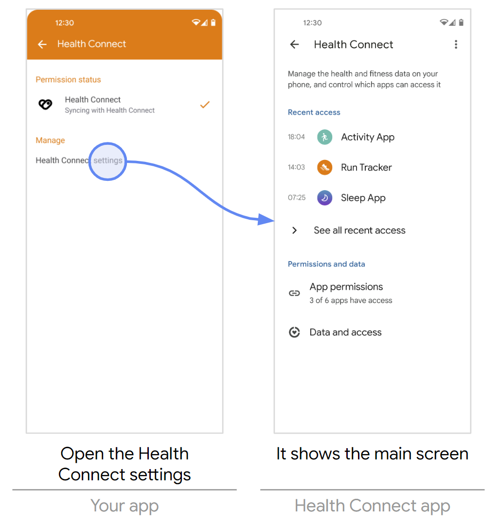 Über die Einstellungen Ihrer App auf Health Connect zugreifen