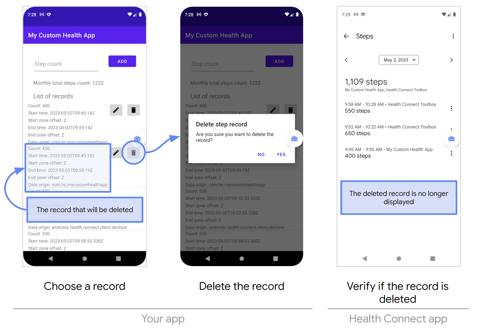 מחיקת נתונים דרך האפליקציה