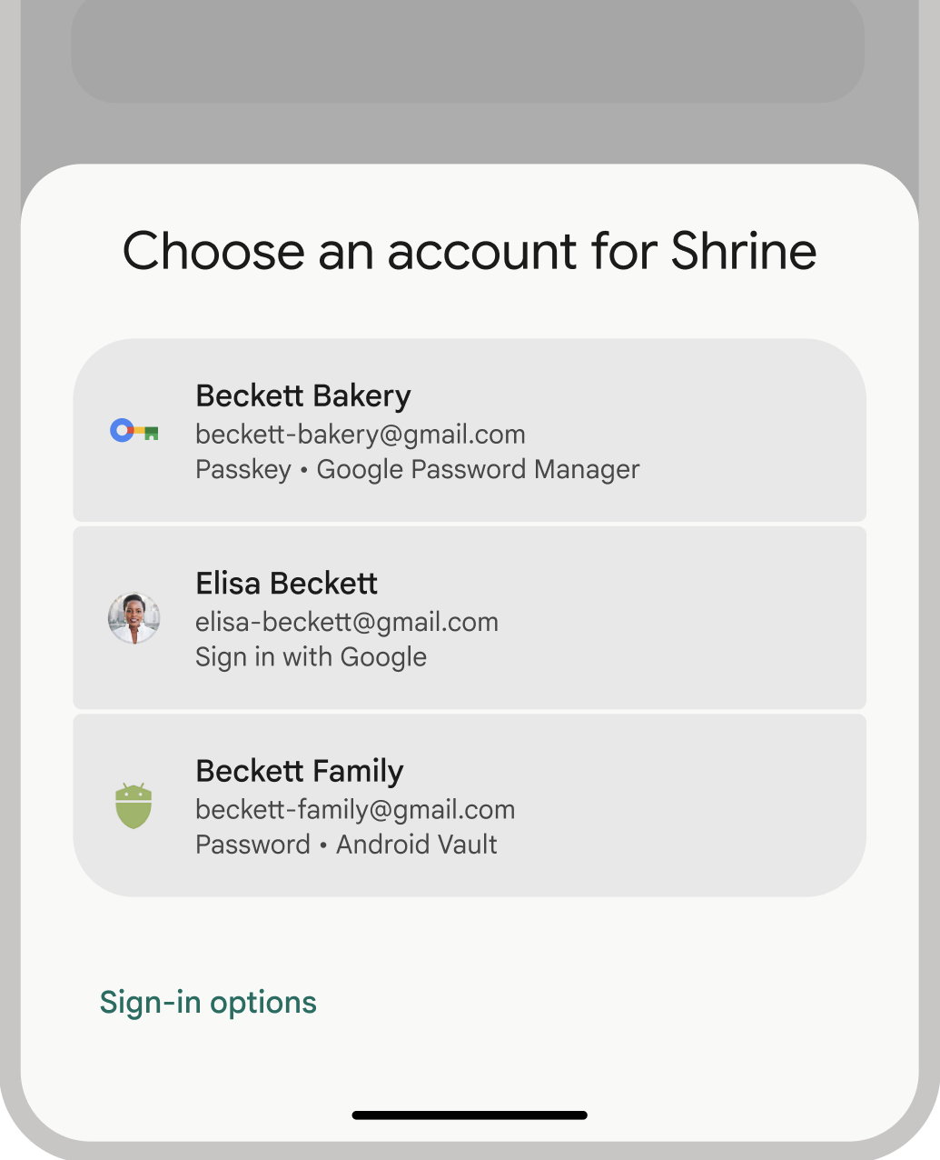 L'interfaccia utente di Credential Manager per passkey, password e accessi federati