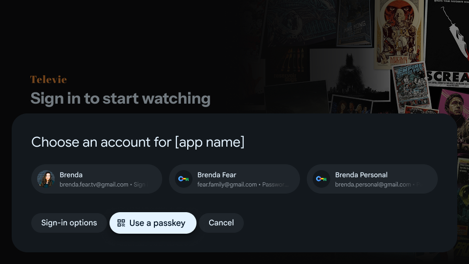 ข้อความแจ้งให้ลงชื่อเข้าใช้ Credential Manager บน Android TV ซึ่งแสดงบัญชีที่บันทึกไว้สำหรับการลงชื่อเข้าใช้ด้วย Google และรหัสผ่าน พร้อมตัวเลือกในการใช้พาสคีย์