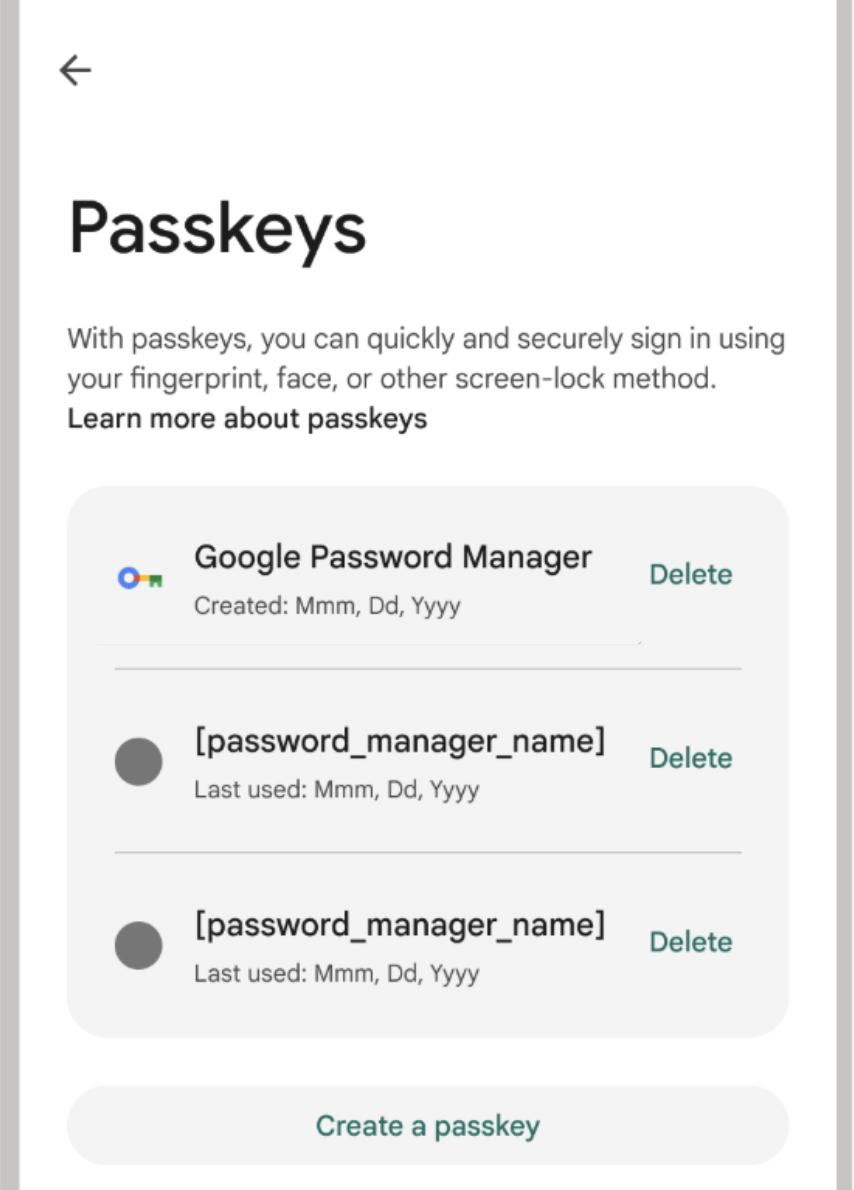 The app settings page displays all saved passkeys for the app, with the credential provider and creation date.