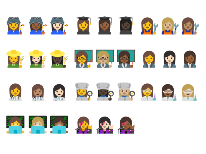 Raccolta di nuove emoji professionali femminili in una serie di tonalità della pelle