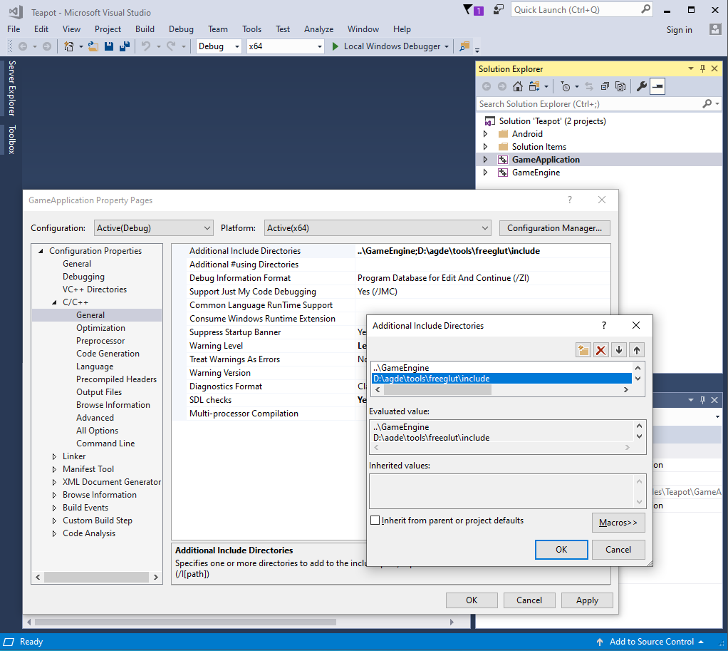 Captura de tela da caixa de diálogo &quot;Additional Include Directories&quot;.