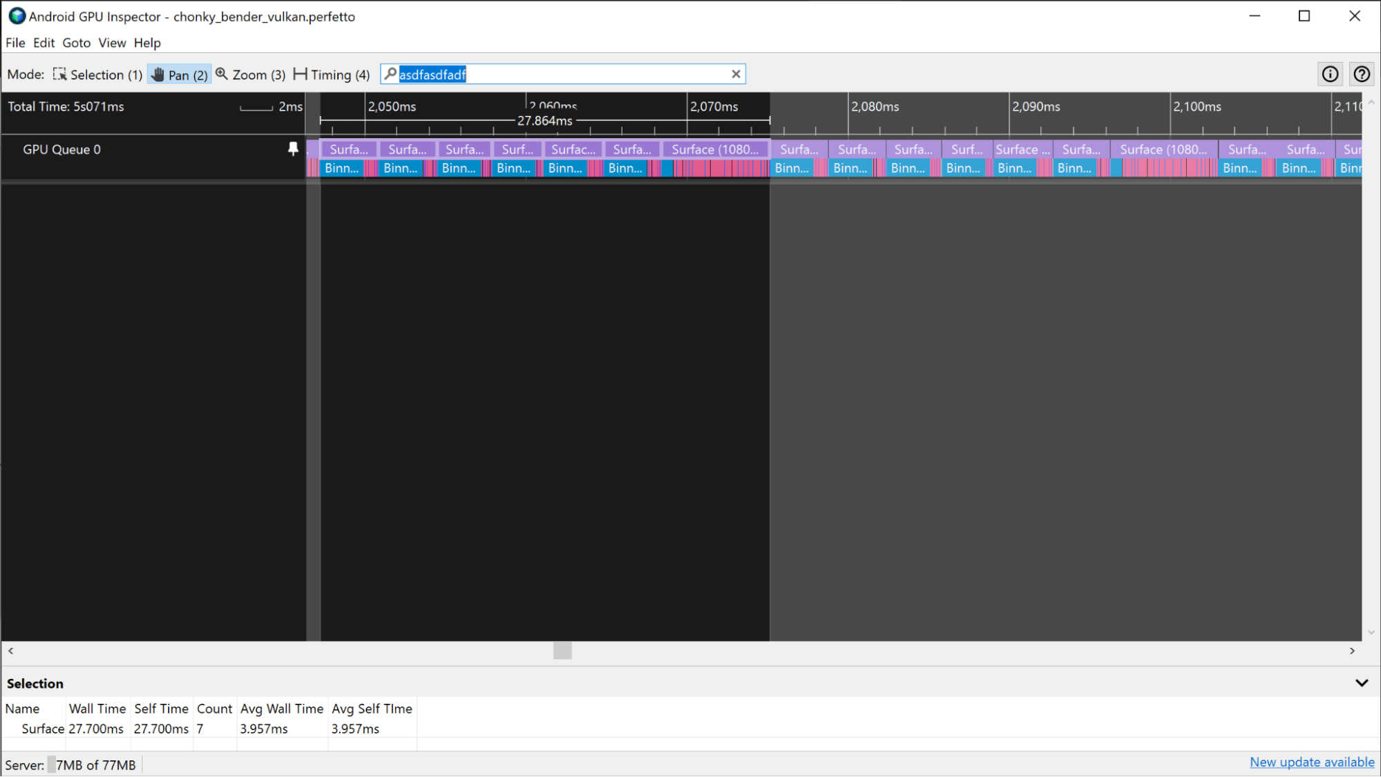 Uma captura de tela de um app com muita vinculação à GPU com um padrão de passagem de renderização que ajuda a identificar os limites do frame.