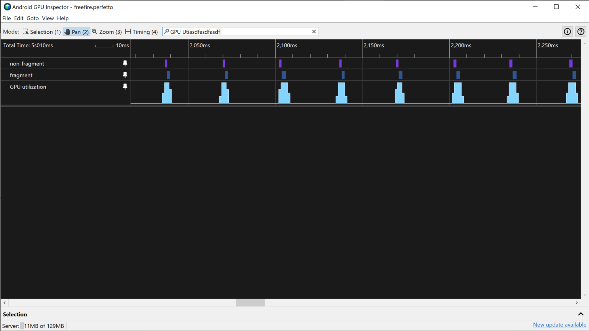 Captura de pantalla de los segmentos de uso y cola de la GPU en un dispositivo Mali.