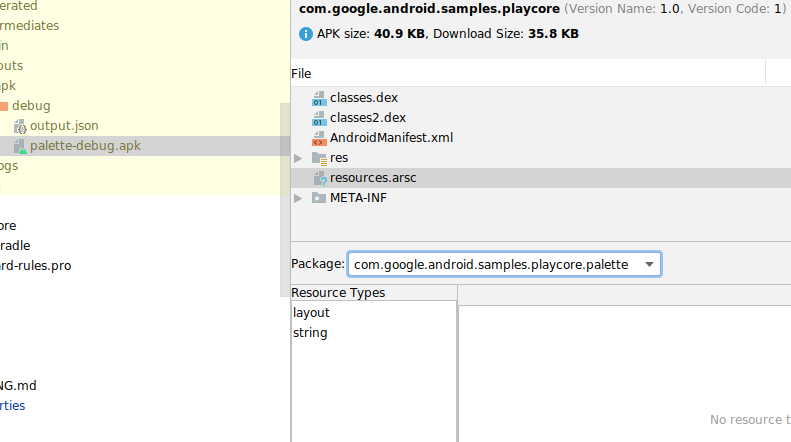 コンパイル済みリソース ファイルの内容を検査する APK Analyzer のスクリーンショット。
