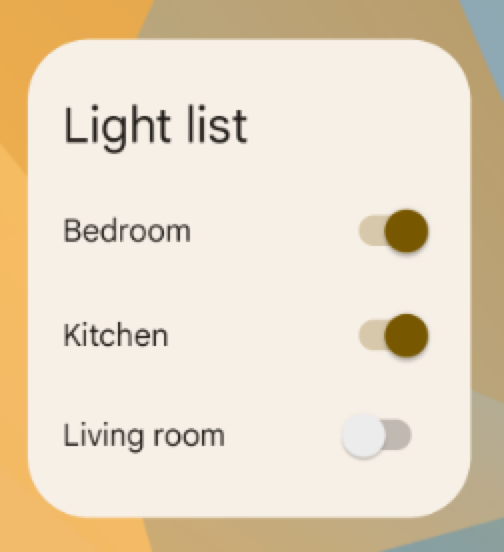 應用程式「Light list」的小工具，顯示標示為「Bedroom」、「Kitchen」和「Living room」的切換鈕，其中前兩個切換鈕已關閉