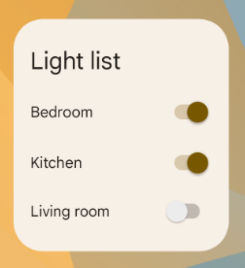 「照明リスト」というアプリのウィジェット。「寝室」、「キッチン」、「リビングルーム」というラベルの切り替えスイッチが表示され、最初の 2 つの切り替えスイッチはオフになっています。